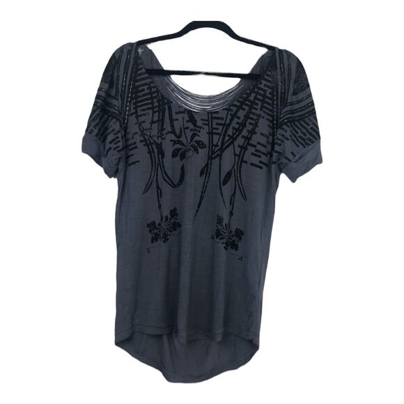 Buffalo David Bitton Grey HIRAKU Open Back Fringe Beaded T-Shirt Size Medium M - Picture 1 of 8
